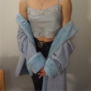 genuine leather faux fur pale blue coat